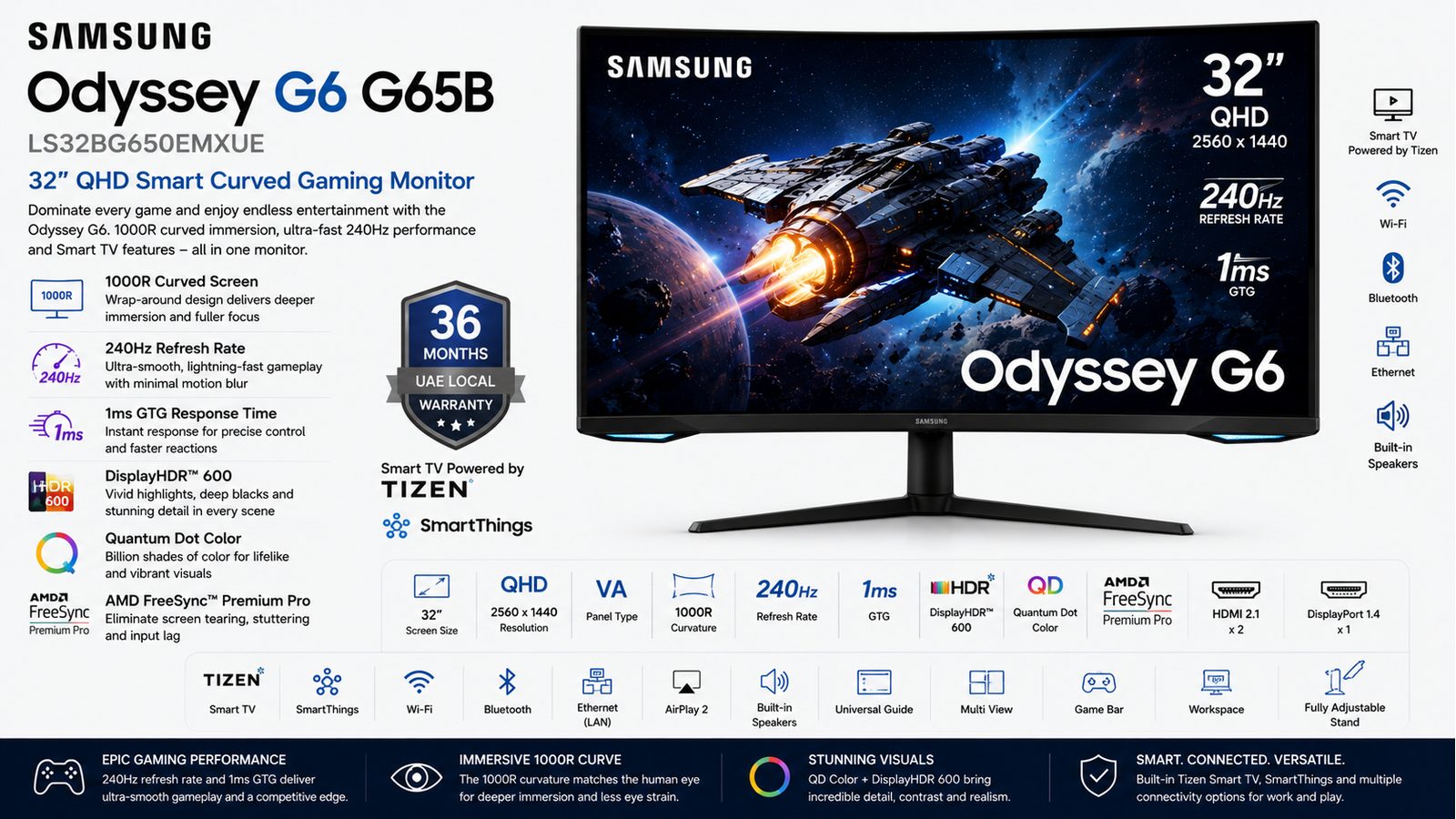 Samsung Odyssey G6 G65B LS32BG650EMXUE, 32-inch QHD 1000R Curved Smart Gaming Monitor, VA, 240Hz, 1ms GTG, DisplayHDR 600, FreeSync Premium Pro, HDMI 2.1, Black, 3-Year Warranty | LS32BG650EMXUE